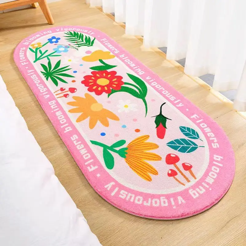 Simple Nordic Style Rug Girl Bedroom Soft Plush Long Carpet Bed Front Cushion Flower  Pattern Floor Mat Room Decoration