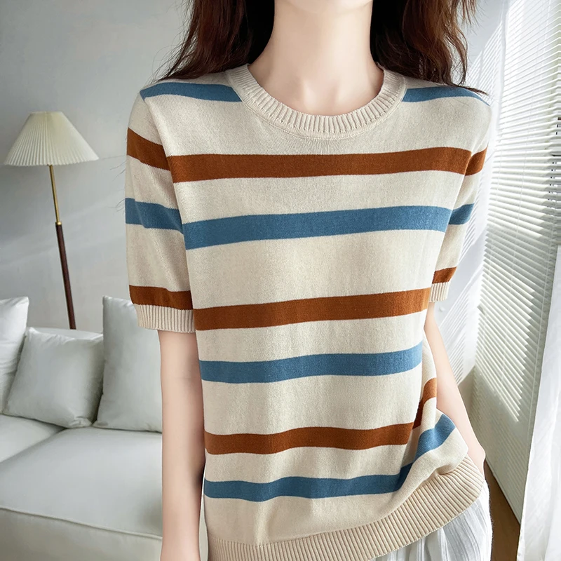 Women\'s T-Shirt Summer 100% Cotton Sweater Short Sleeve Striped Knitted Round Neck Ladies Tops Loose Blouse Pullover Tees