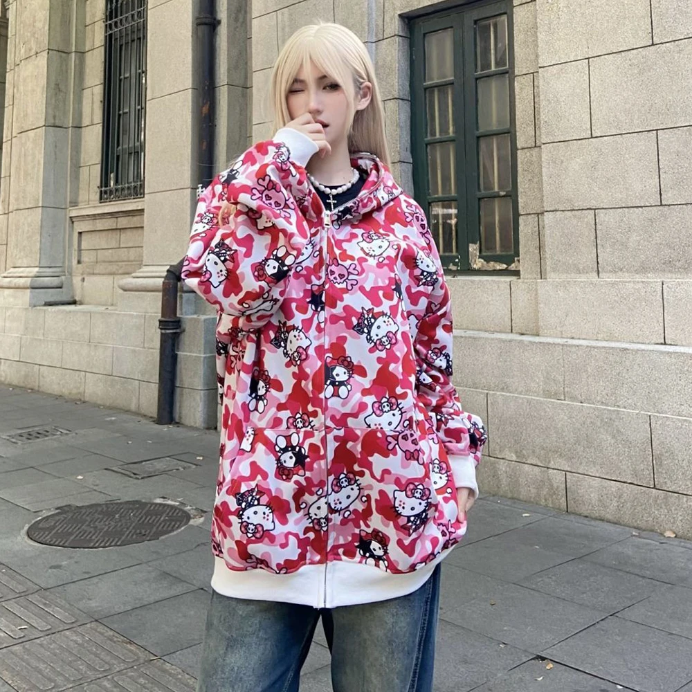 Y2K Hello Kitty Hooded Hoodie Sanrioed Anime Kawaii Spring Winter Cotton Camouflage Coat Hip Hop Men Women Couple Outfit Loose