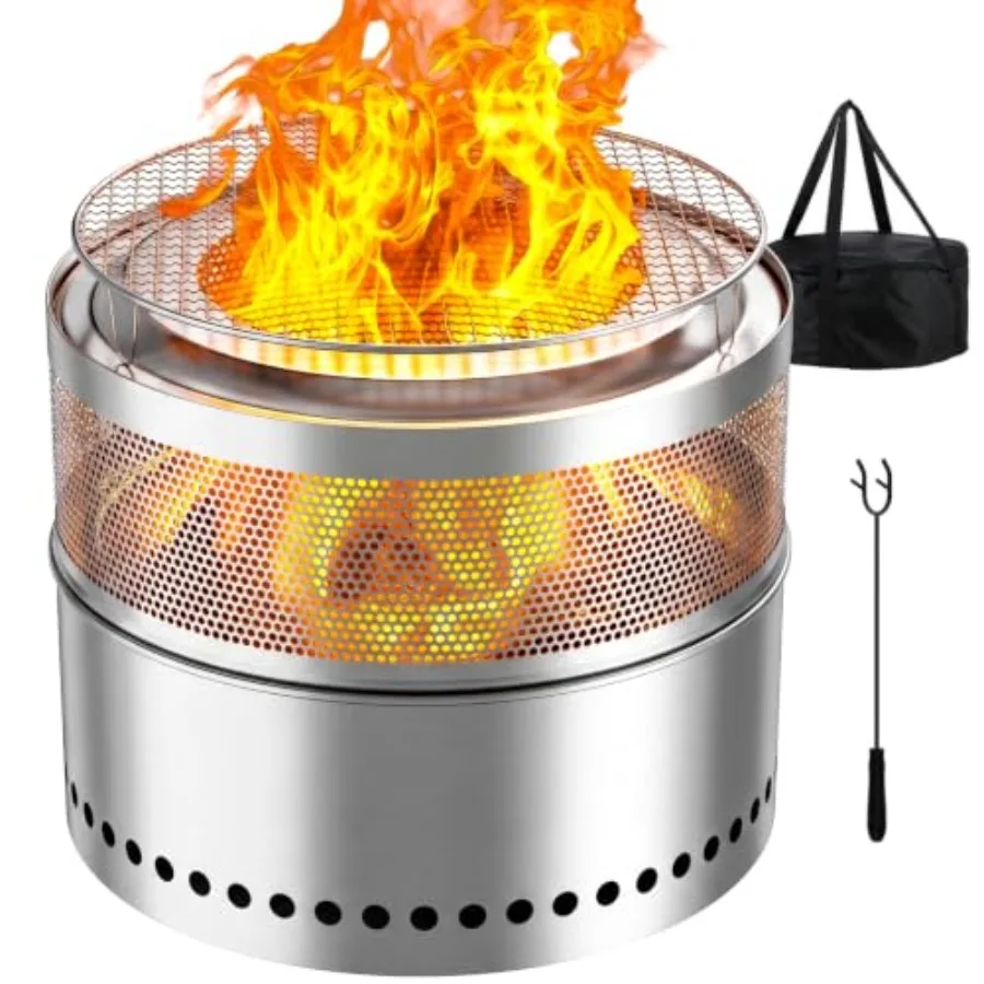 Outdoor stainless steel smokeless fire pit with grill grate, 19.7 inches, silver, portable and multifunctional