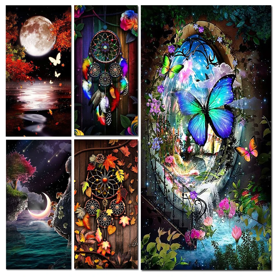 Diamond Painting Color Dreamcatcher Water Moon Scenery Full Drill DIY Diamond Embroidery Mosaic Entrance to Butterfly Wonderland