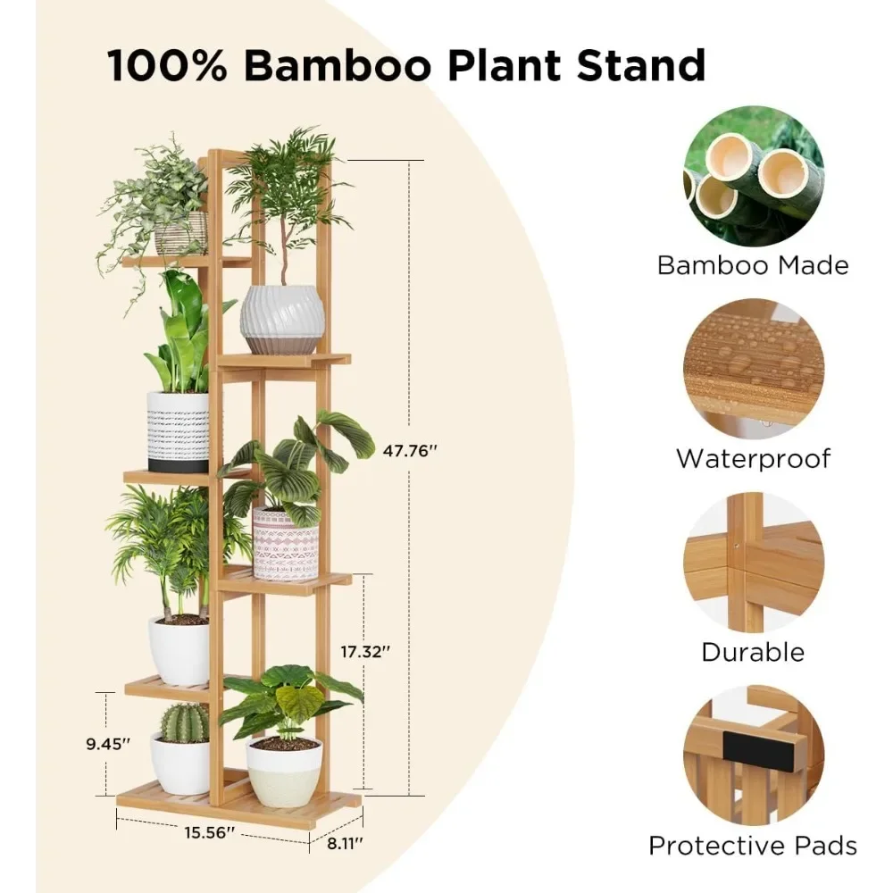 Bamboo Plant Stand Rack - Indoor & Outdoor Plant Stand 6 Tier 7 Potted Multiple Flower Planter Pot Holder