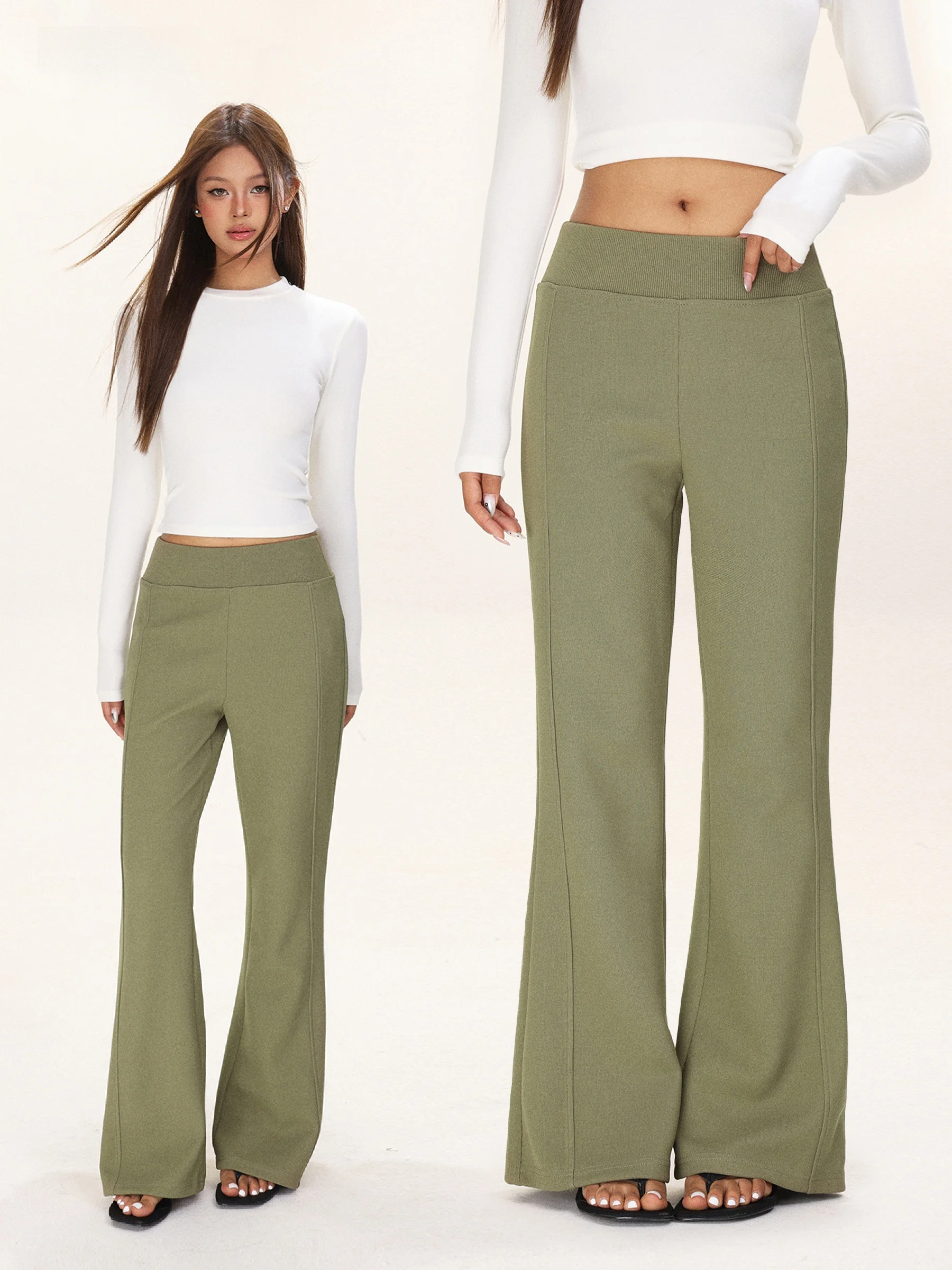 

iyue High Waist Slim Fit Wide Leg Pants Women's Autumn Winter Elastic Waist Bell Bot Pure Color Casual Trousers