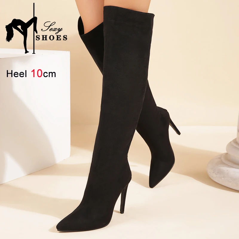 Knee-High Pointed Toe Women Boots 2023 Autumn Winter Suede High Heels Large Size Grey Models Shoes Back Zip Long Tube Boots