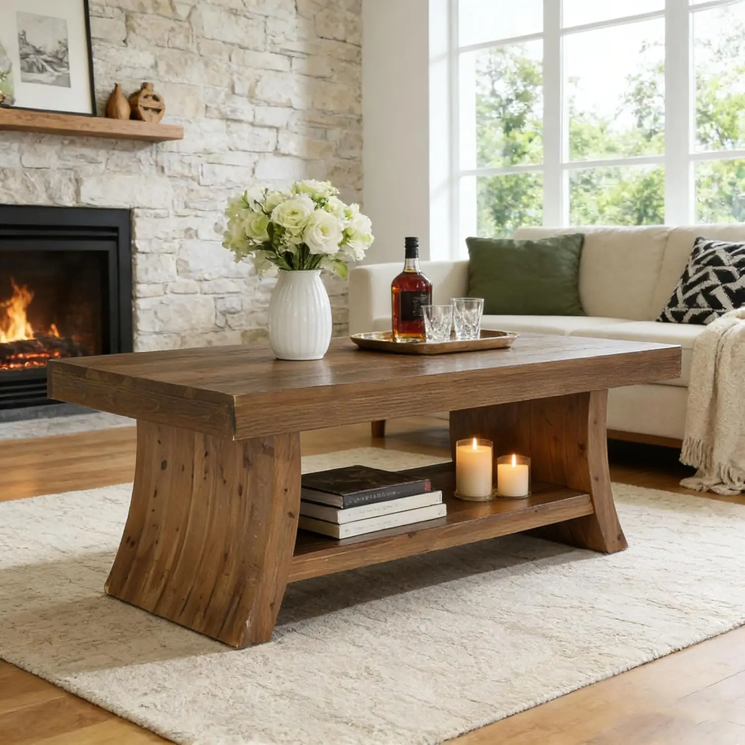 

Farmhouse Coffee Table with Storage Shelf, 47.2" Mid Century Modern Solid Wood Coffee Tables with Curved Base, Customized