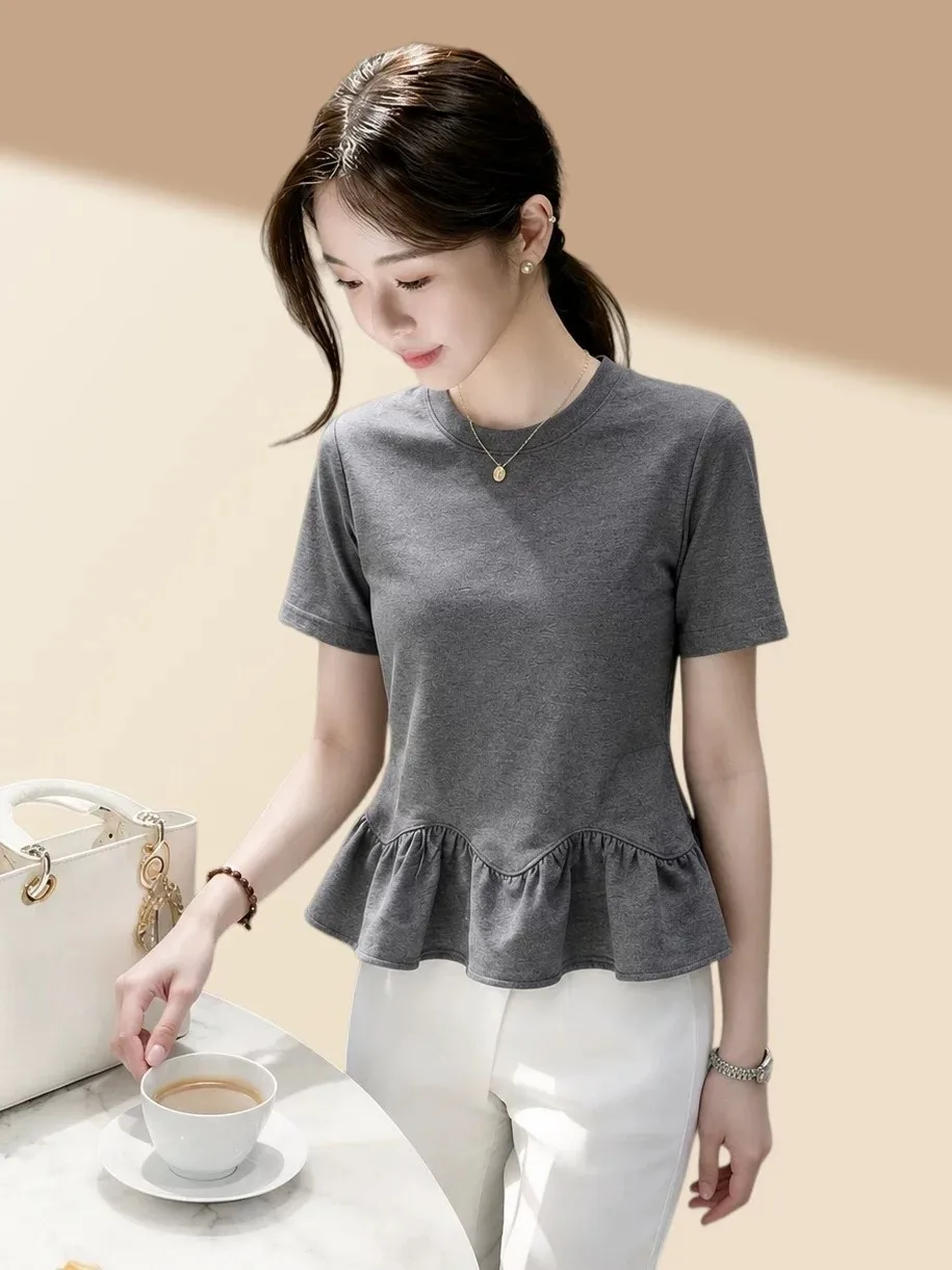 Slim Fit round Neck Short Sleeve T-Shirt Women's Summer Breathable Sweat Absorbent Splice Short Top Large Size Minimalist Style