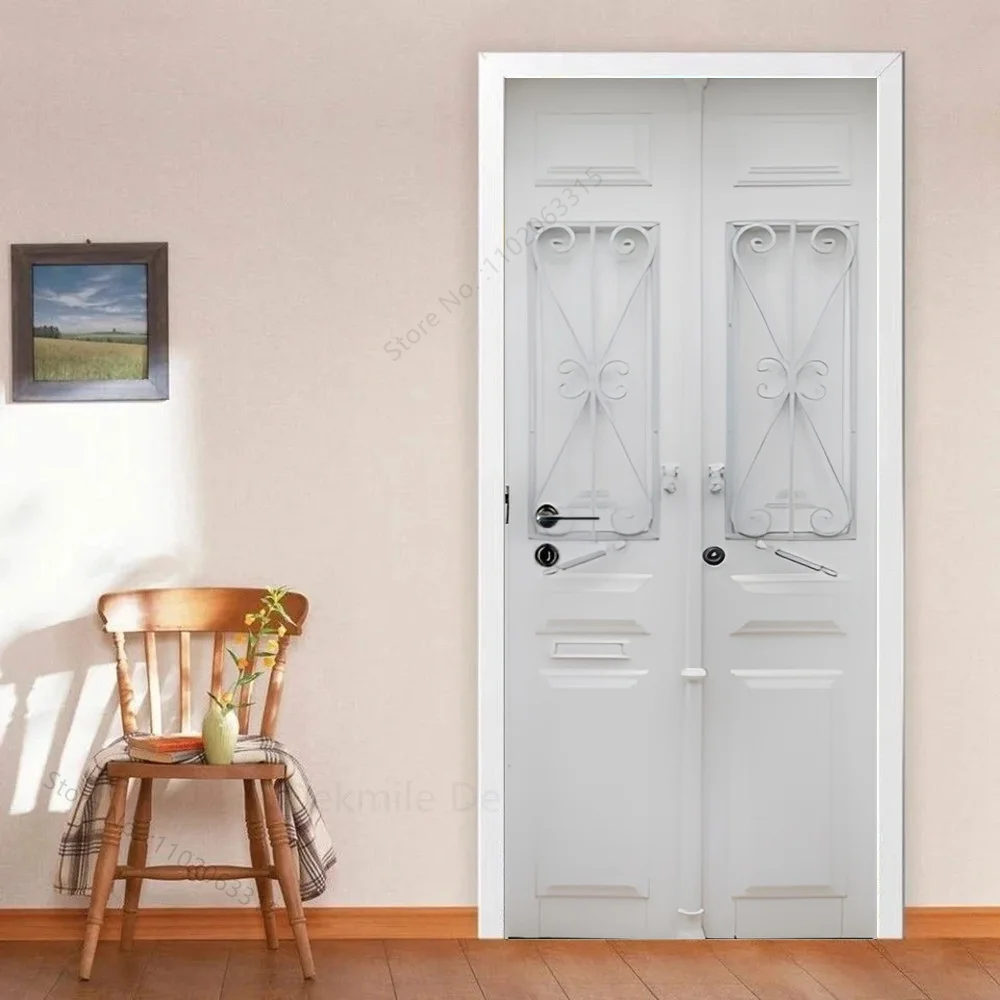Simple White Background Door Sticker Light Gray Wood Grain Wallpaper Home Decoration, Off White Color Wooden Door Wrap Cover PVC