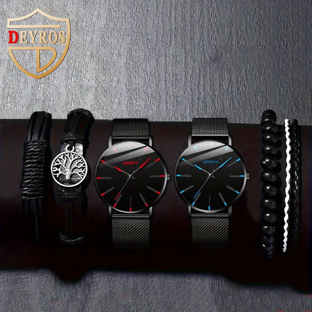 

6 Pieces/Set Sport Fashion Watch For Men Mesh Set Quartz Watch Bracelet Set For Friends