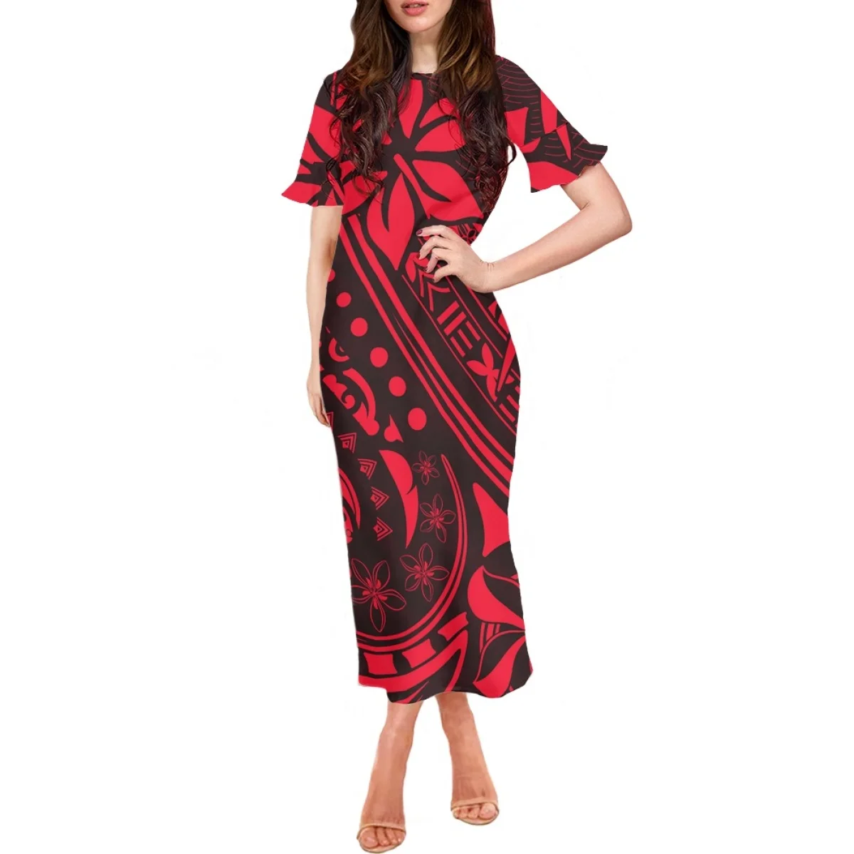 

HYCOOL Polynesian Tribal Print Fashion Luxury Short Sleeve Dress 2023 New Wedding Party Dress Red Hot Seller