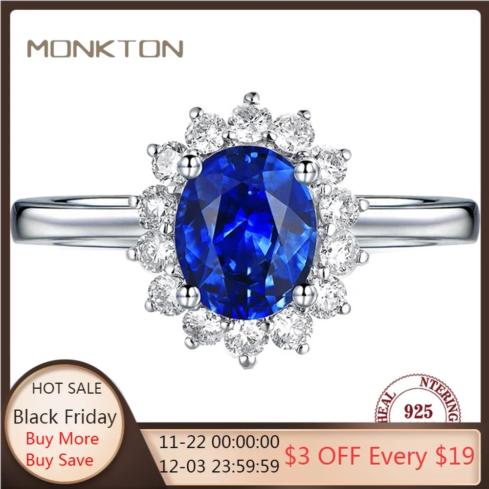 

Monkton 925 Sterling Silver Princess Diana Created Blue Sapphire Engagement Ring for Women 3CT Oval Cut Promise Wedding Band