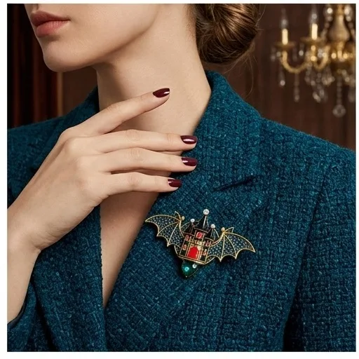 Gothic style bat castle brooch, women's drip oil inlaid diamond light luxury brooch, Halloween retro coat, suit accessories