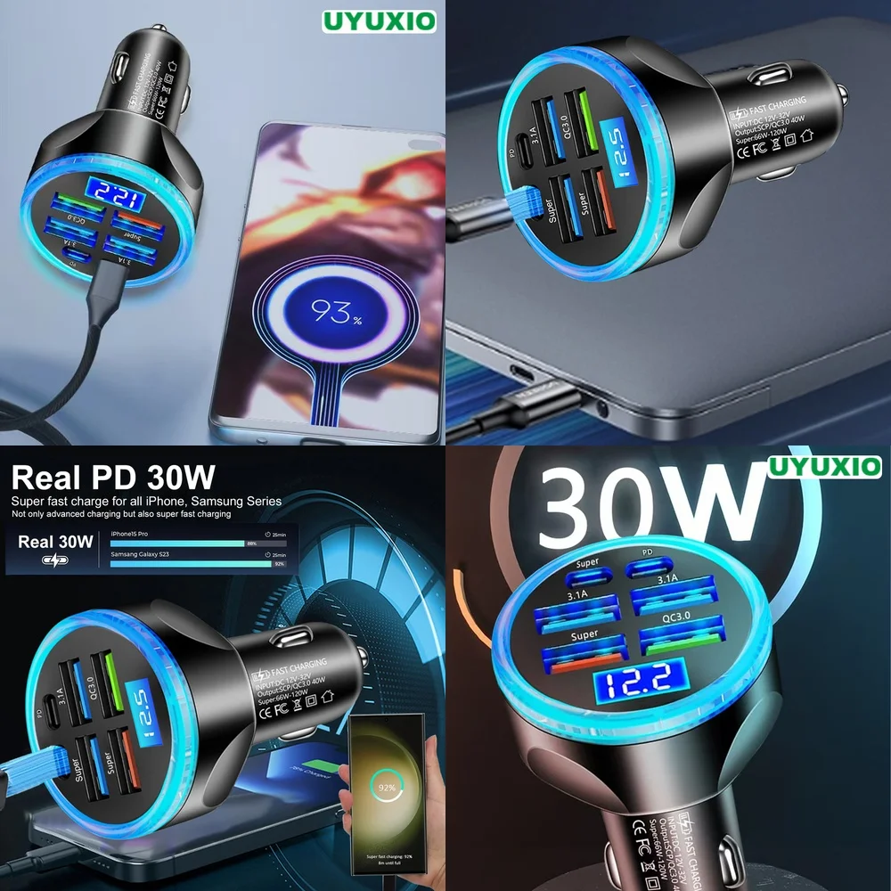 Carregador Veicular de 6 Portas com Chip Inteligente, Carregamento Super Rápido, Display Digital LED, Plugue PD 30W para iPhone 17 16 15 14 Pro Max Plus