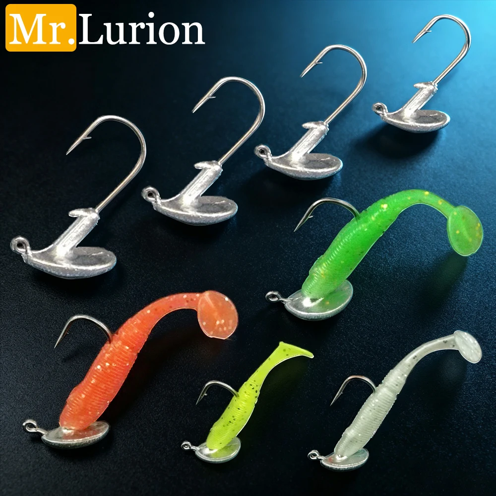Mr.Lurion 30PCS 3.5g-14g Vertical Swing Jig Head Hook & Paddle Tail Soft Worm Lures, Bass Trout Fishing Artificial Bait Tackle