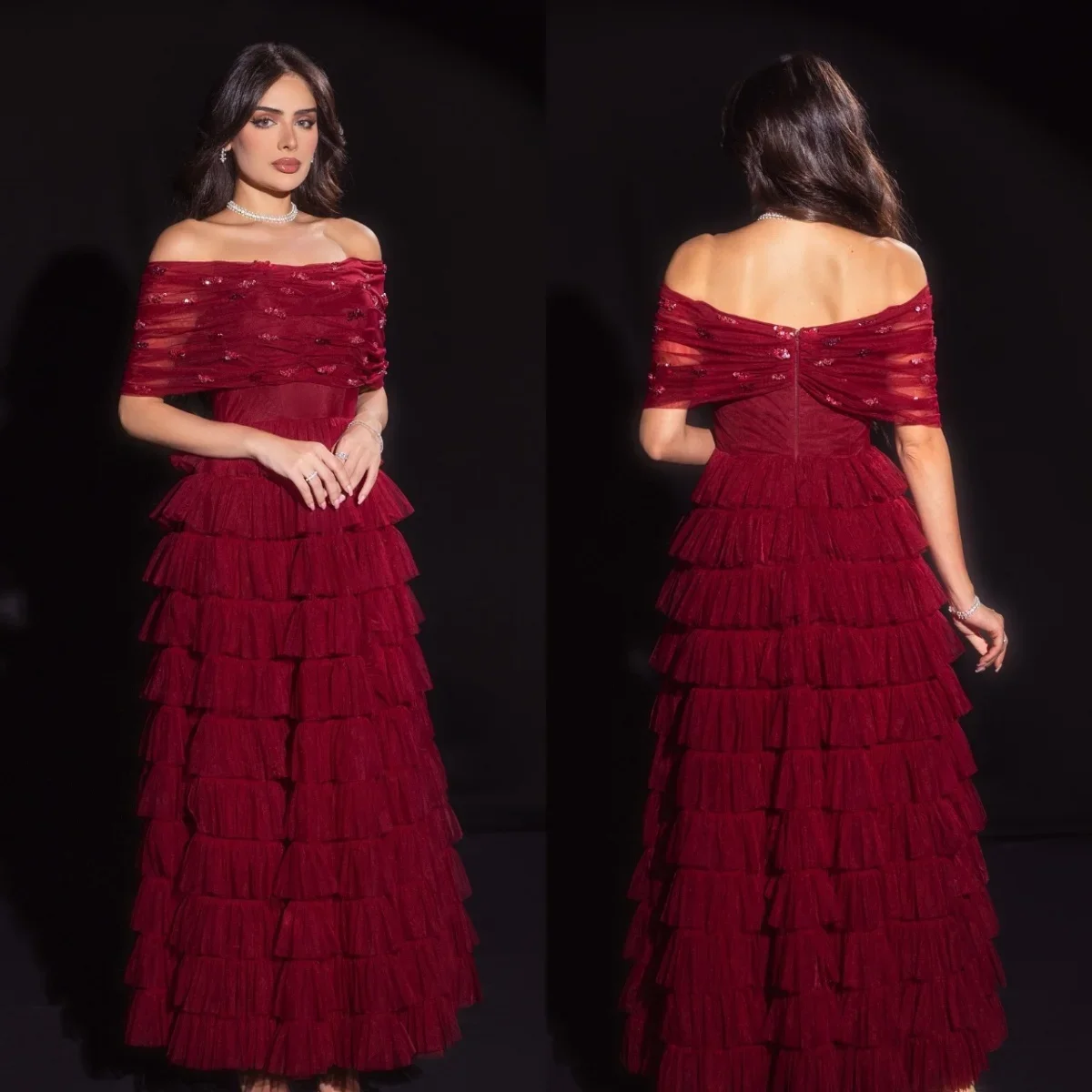 Customized Matching Net Pleat A-line Off-the-shoulder Midi Dresses Prom Dresses Classic Exquisite Modern Style Pastrol  Chinese