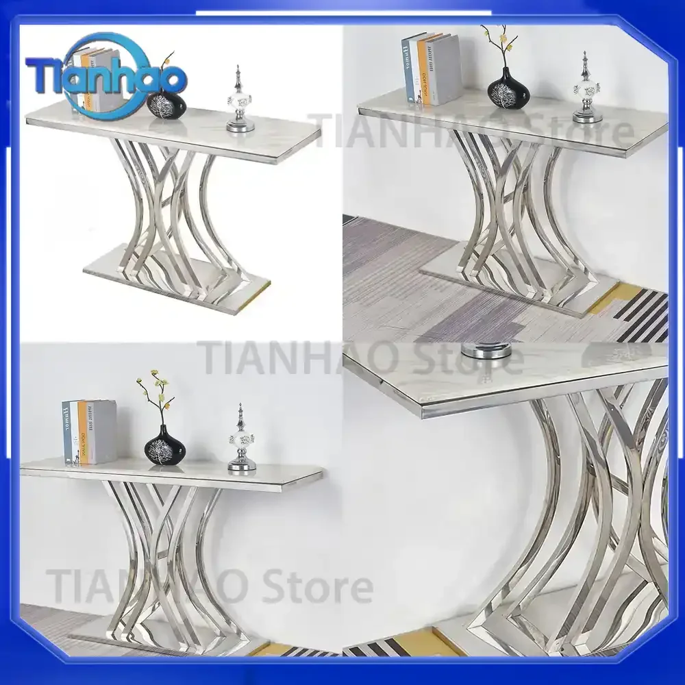 Light Luxury Stainless Steel Metal Entrance Table with Marble Slate Top for Wall-Mounted Entry Hall Use