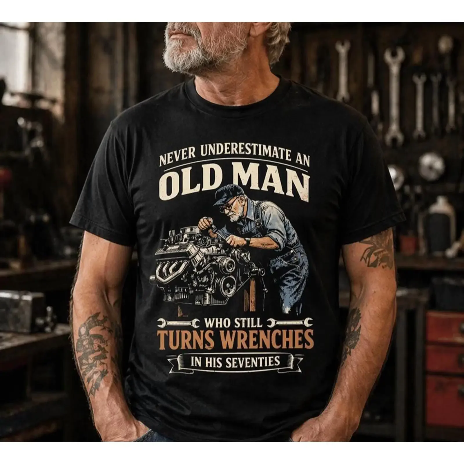 Funny Mechanic T Shirt Never Underestimate Old Man Who Turns Wrenches In His Seventies 70th Birthday Grandpa vintage Washed