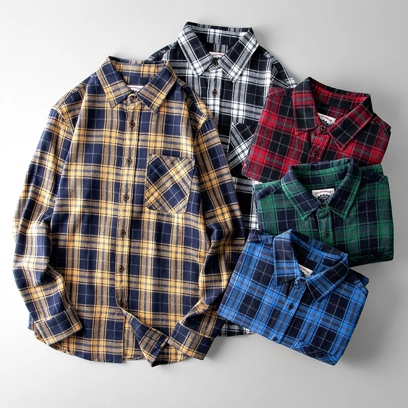 Fashionable Plaid Shirt Men's Long Sleeve Washed Brushed American Retro Spring Outerwear Youth Trend Slim Fit Cotton Button-down