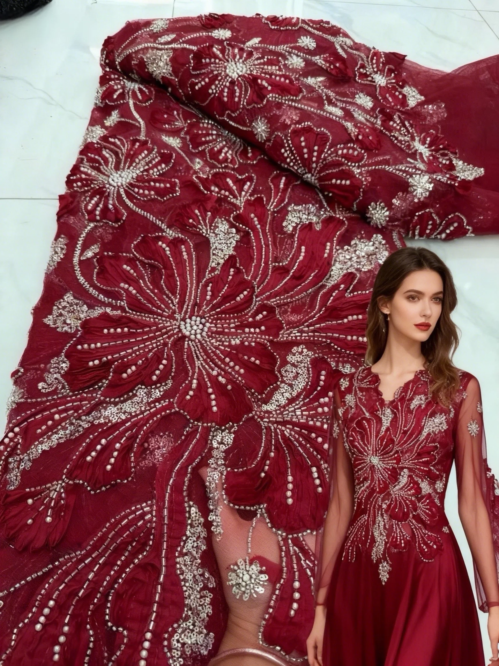 

5 ярдов, африканская, нигерийская, 2025 г., вышитая бисером, 3D кружево, элитная роскошная французская кружевная ткань с блестками для женщин, свадебное платье