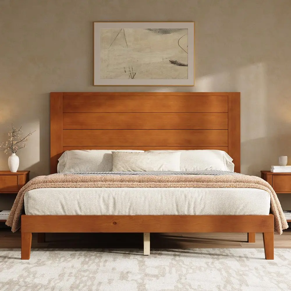 

Queen Size Bed Frame with 48 Tall Headboard, Mid Century Modern Solid Wood Platform Bed with Silent Wood Slat System, No Box Sp