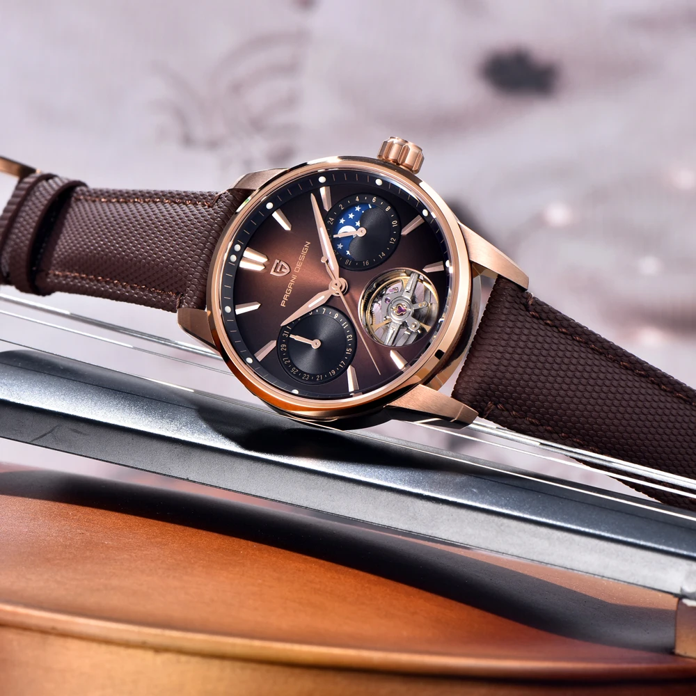 PAGANI تصميم جديد جوفاء ساعات رجالية القمر المرحلة الميكانيكية ساعة أوتوماتيكية الرجال AR الياقوت مضيئة مقاوم للماء ساعة جلدية #6