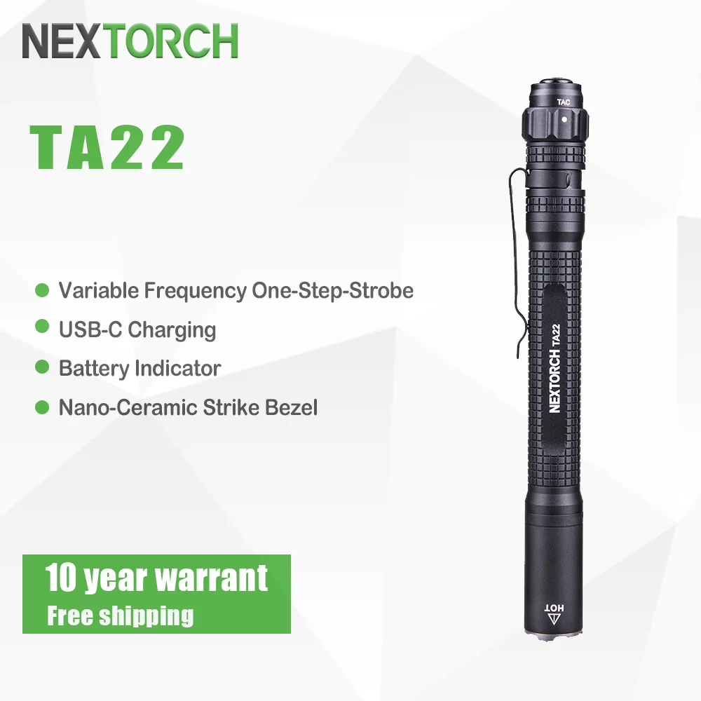 NEXTORCH senter taktis TA22 850 lumen, senter pena portabel daya tinggi EDC, dengan klip belakang, dapat diisi ulang, IPX8 tahan air