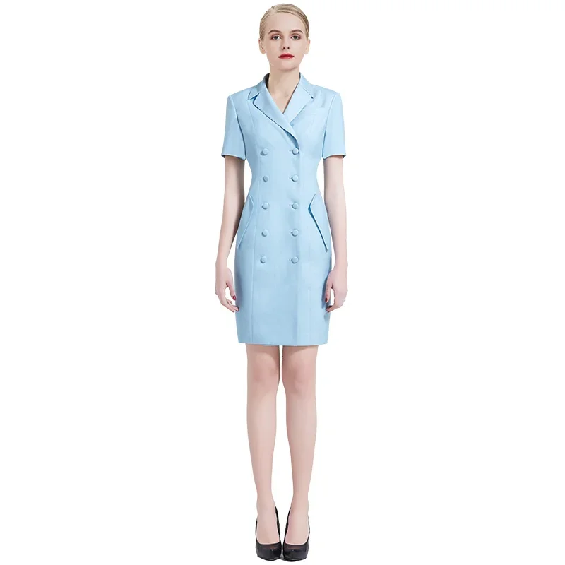 Uniforme d'hôtesse de rêves pour femmes, tenue professionnelle d'aviation, robe d'été bleue à manches courtes, ensemble salopette pour salon de beauté et réception