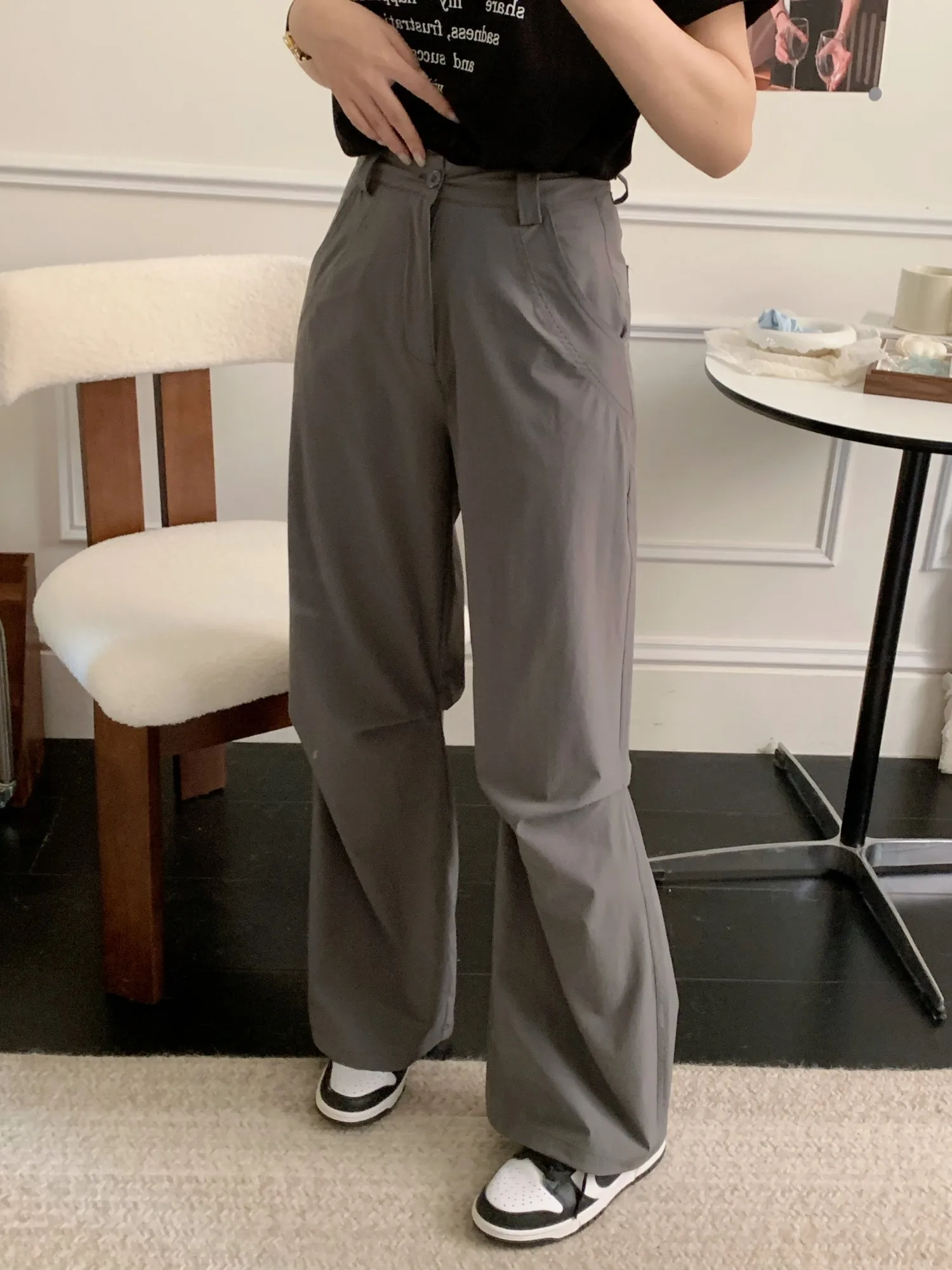 

ZHISILAO New High Waist Wide Leg Straight Pants Women Vintage Stretch Grey Full Length Trousers Summer 2024