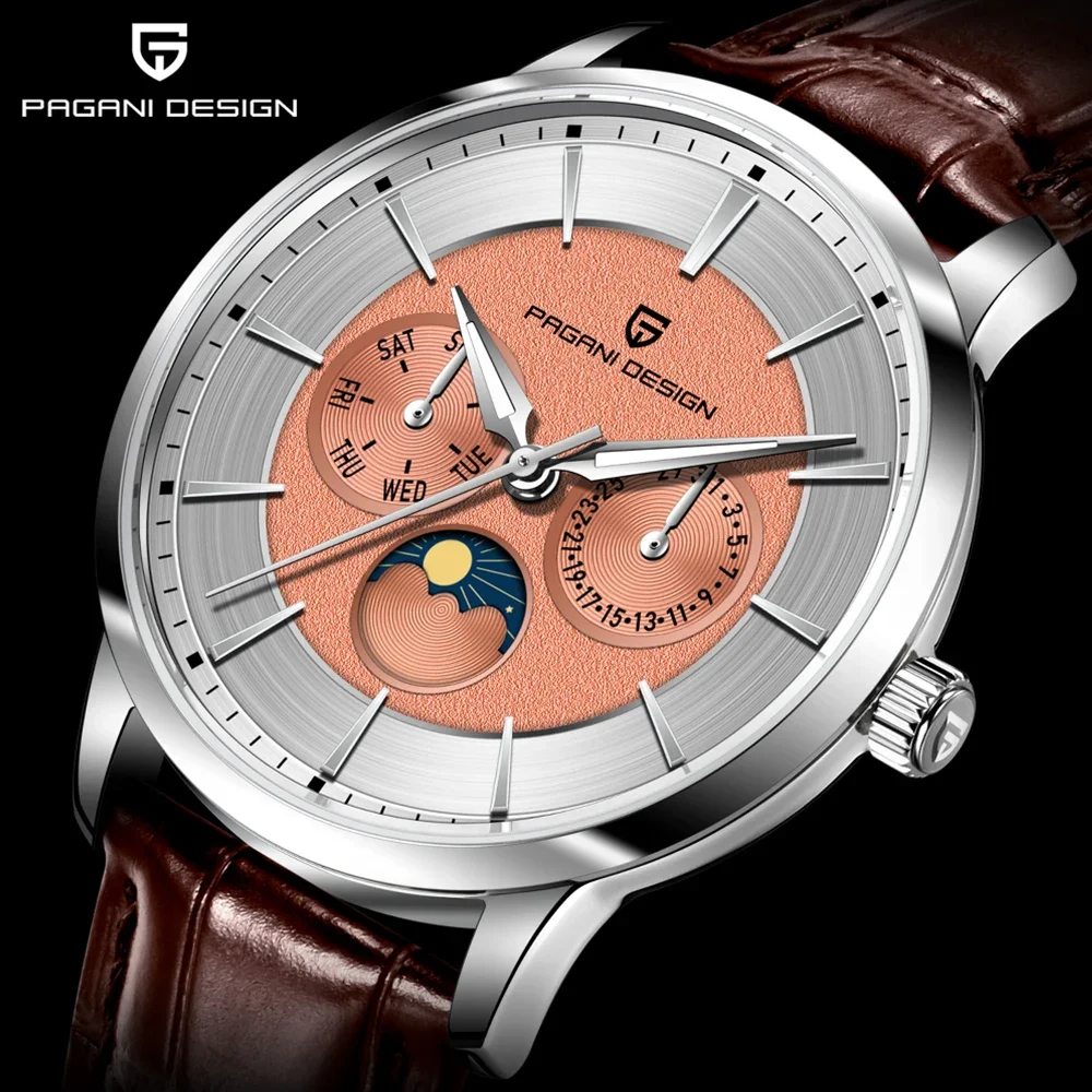 

Pagani Design Новые мужские часы Moon Phase Week из нержавеющей стали 100 м Водонепроницаемые мужские кварцевые часы