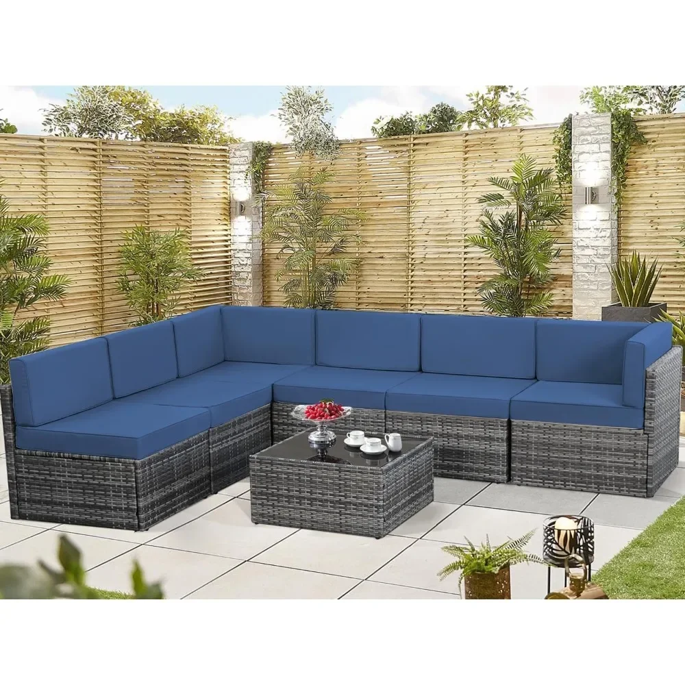 7 Piece Outdoor Patio Furniture Set with Coffee Table Outdoor Set for Garden, Backyard (navy blue cushions and gray PE rattan).