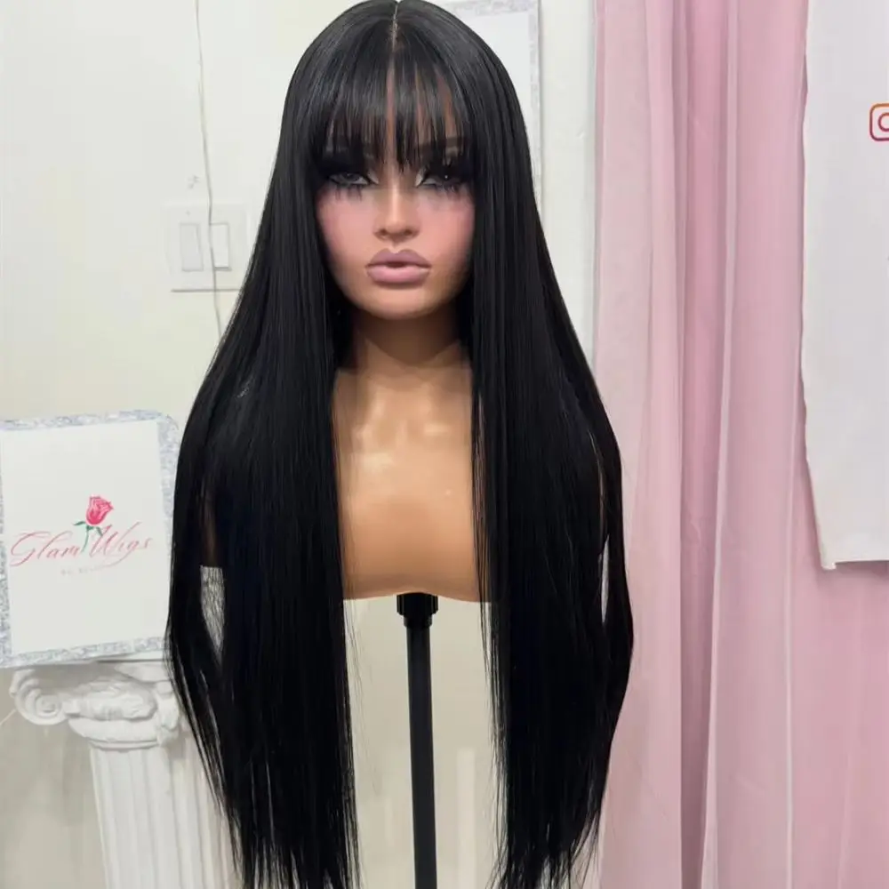 13x4 Free Part Natural Black Synthetic HD Lace Front Wig with Bangs Mixed Human Hair Glueless Preplucked Hairline Long Straight