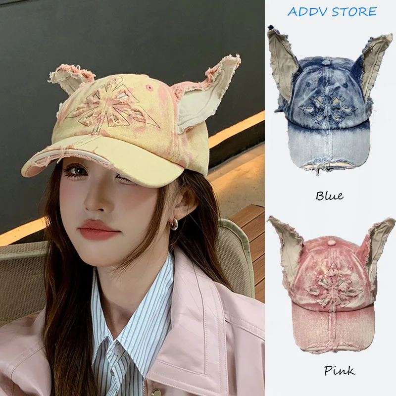 Y2K American Wasteland Style Retro Dog Ears Baseball Hats for Female Trendy Brand Kpop Big Head Denim Baseball Cap Dropshipping