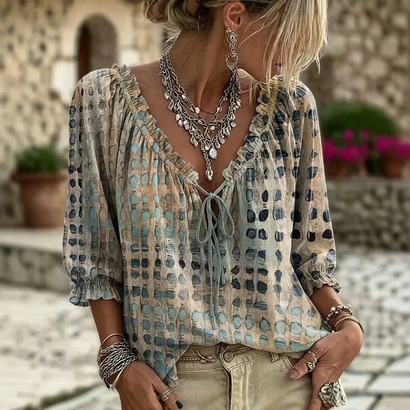 Bohemian style V-neck imitation linen shirt 2026 summer new print ribbon loose casual top