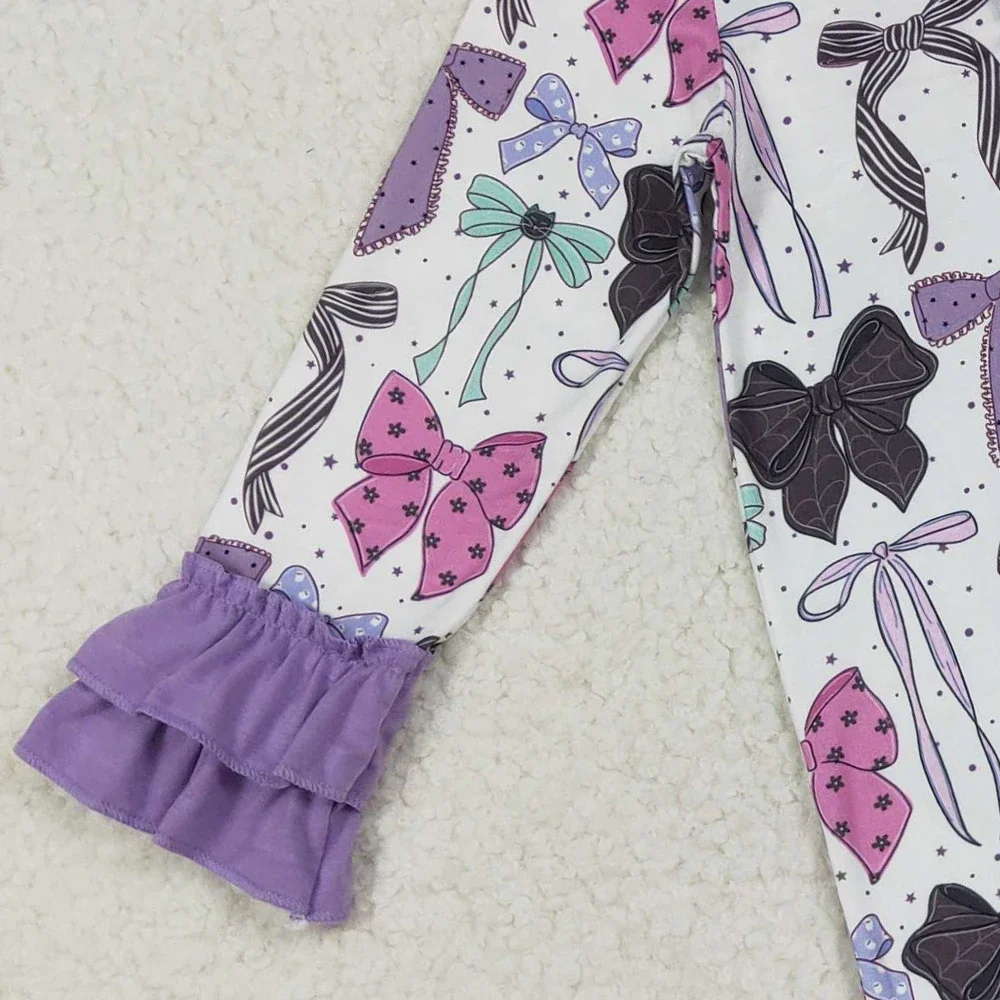 Kinderen pasgeboren Halloween strikken knoppen romper baby meisje baby lange mouwen herfst kinderen peuter paarse ruche jumpsuit groothandel