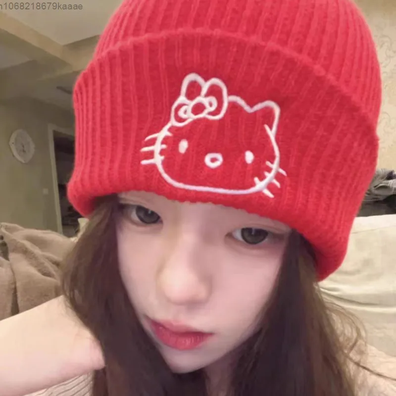 Sanrio Hello Kitty Cute Cartoon Printed Knitted Hat Women's Autumn Winter New Wool Warm Hat Simple Design Korean Style Trend Hat