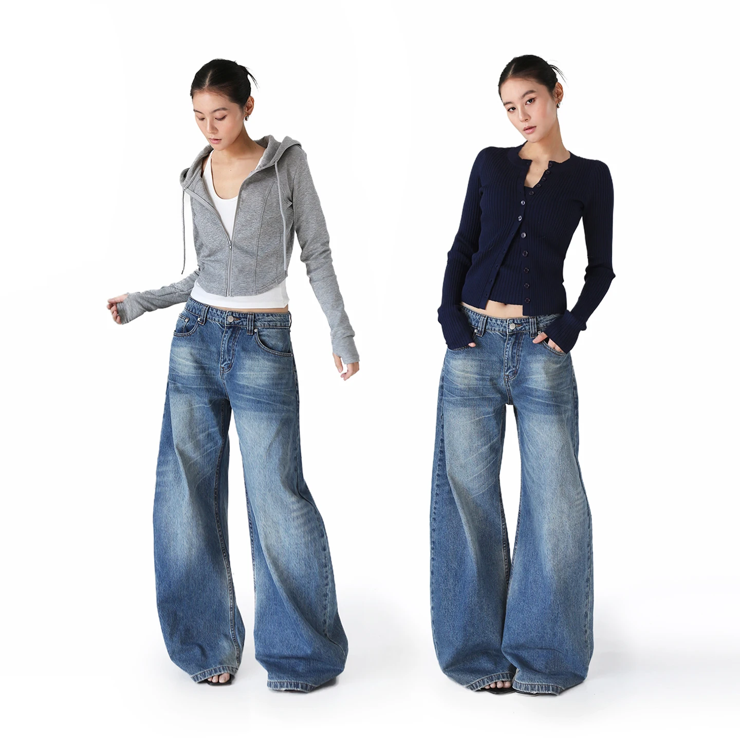 

Sanovis American Retro Blue Washed mid Waist Wide Leg Jeans Loose Slimming Versatile Knife Pants Women's Cotton Denim