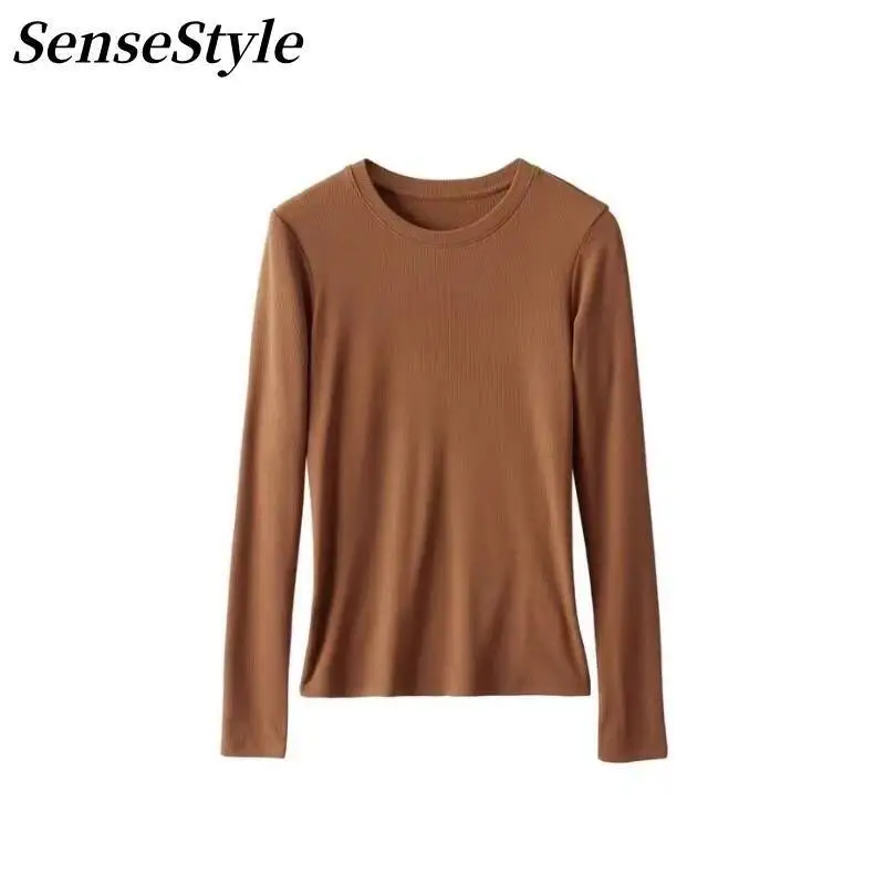 

Autumn Winter Rib Velvet Bottoming T-Shirt Women Elastic Soft Slim Double Warm Heating Fabric Undershirt Tops
