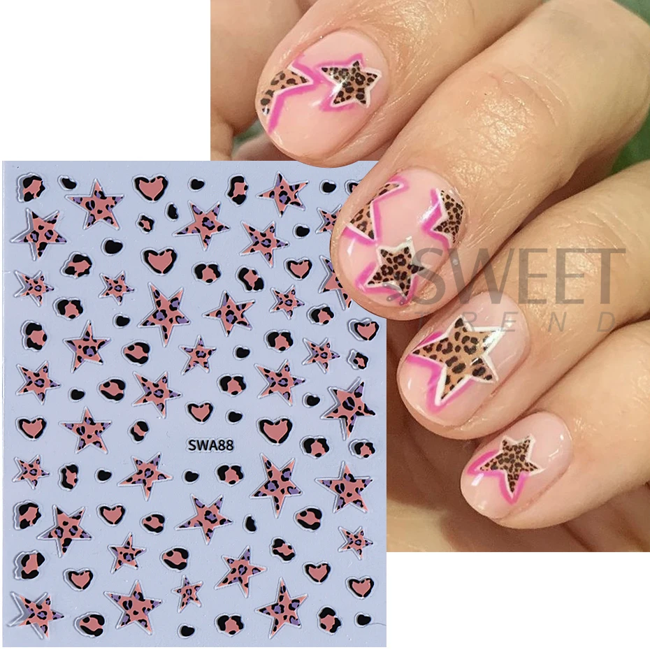 Leopard Print Star Design Nail Stickers Holographic Glitter Silver Star Pentagram 3D Self Adhesive Sliders Manicure Decor Decals