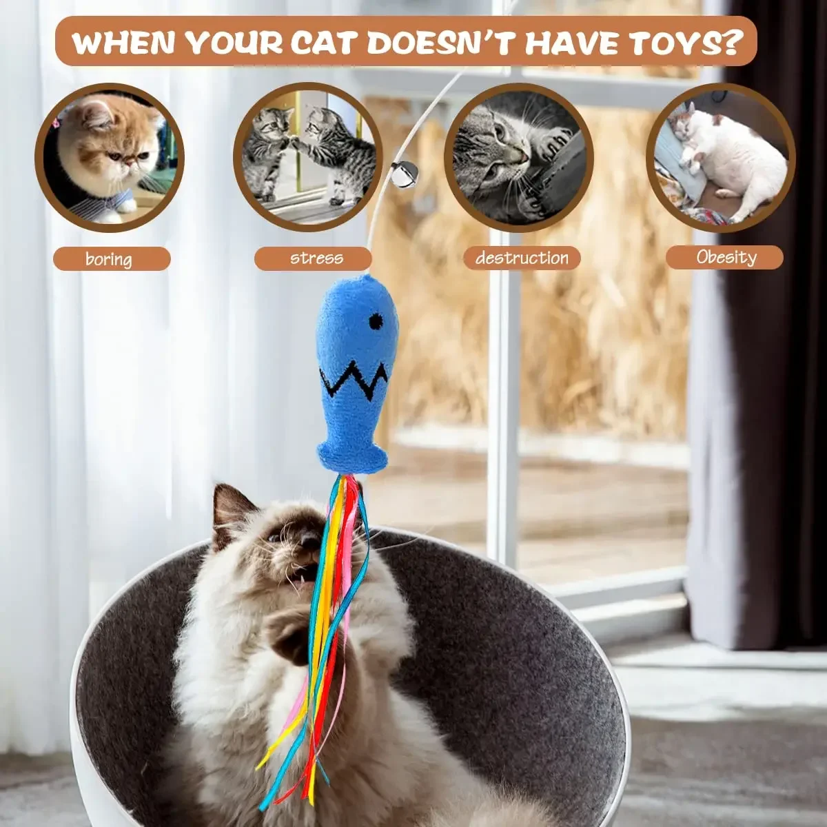 D Fashion Cat Wand Toy, Natural Wooden Cat Teaser Wand for Cat, Interactive Elastic String Cat Stick Pole Toy for Indoor Cats