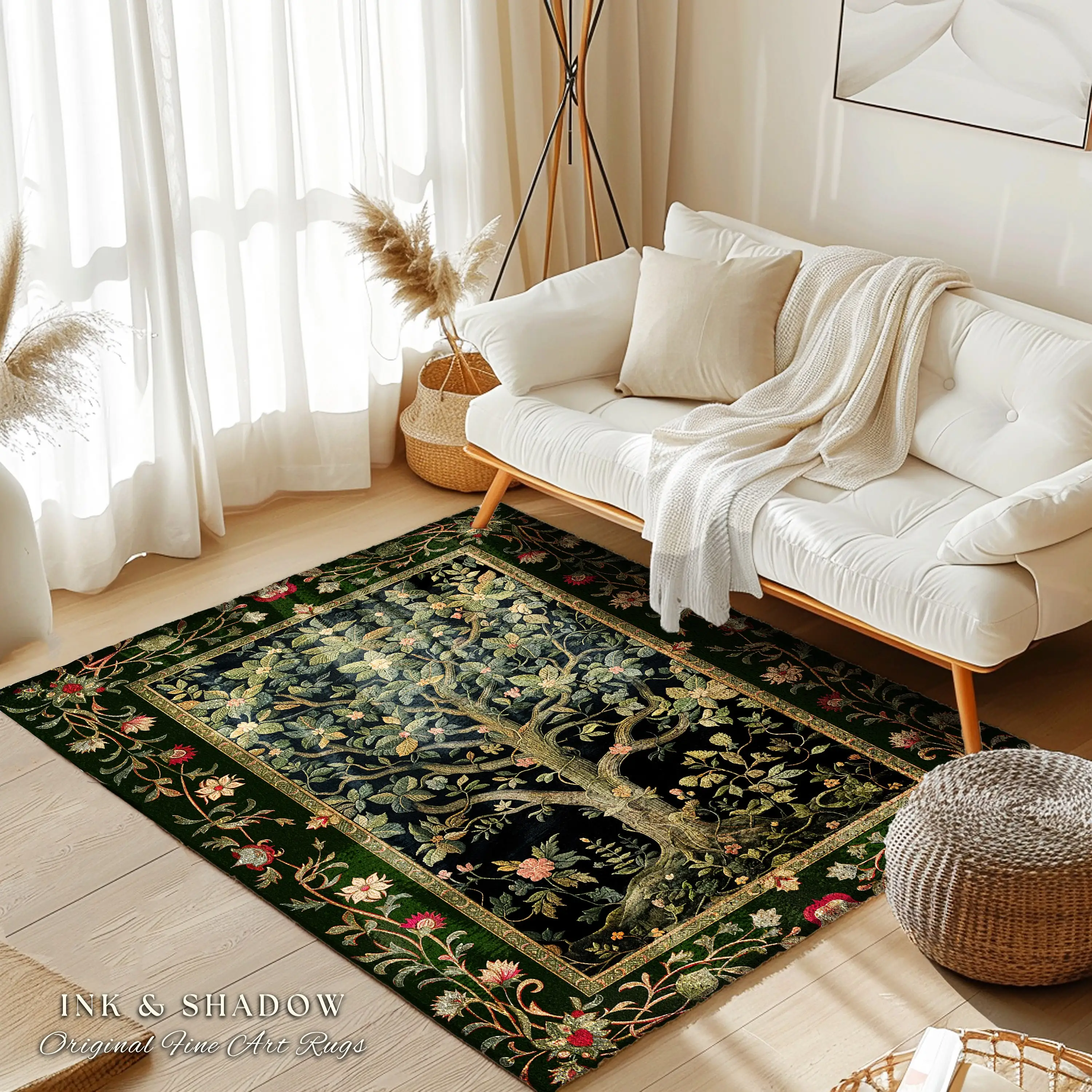 Elegant Botanical Accent Rug Bohemian Aesthetic Living Room Home Decor Rustic Gift Cottagecore Earth Tone Bedroom Floor Mat