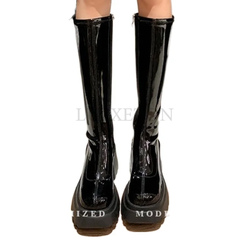 Punk Style Woman Knee- High Boots Zipper Fashion Patent Leather Long Booties Autumn Winter High Heel Ladies Shoes