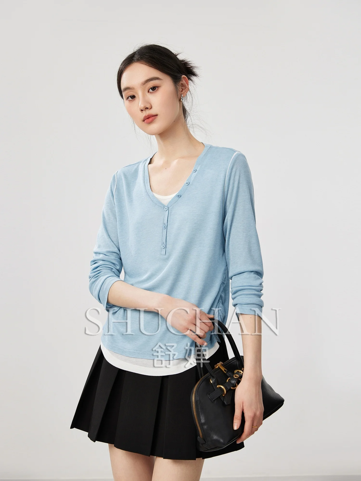 

Fake Two-piece Double-neck Stacking, Pleated Waist and Thin Long-sleeved T-shirt Women Crop Top Shirts for Women