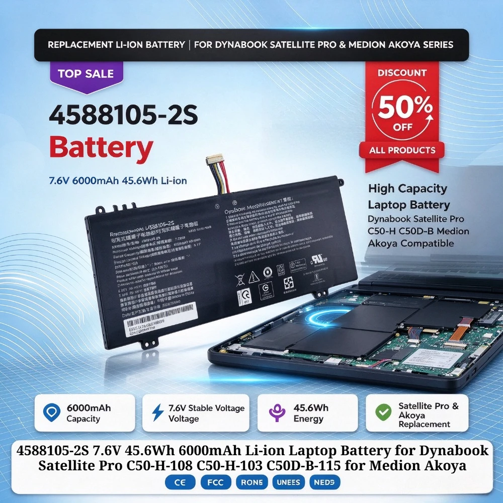4588105-2S 7.6V 45.6Wh 6000mAh Li-ion Laptop Battery for Dynabook Satellite Pro C50-H-108 C50-H-103 C50D-B-115 for Medion Akoya