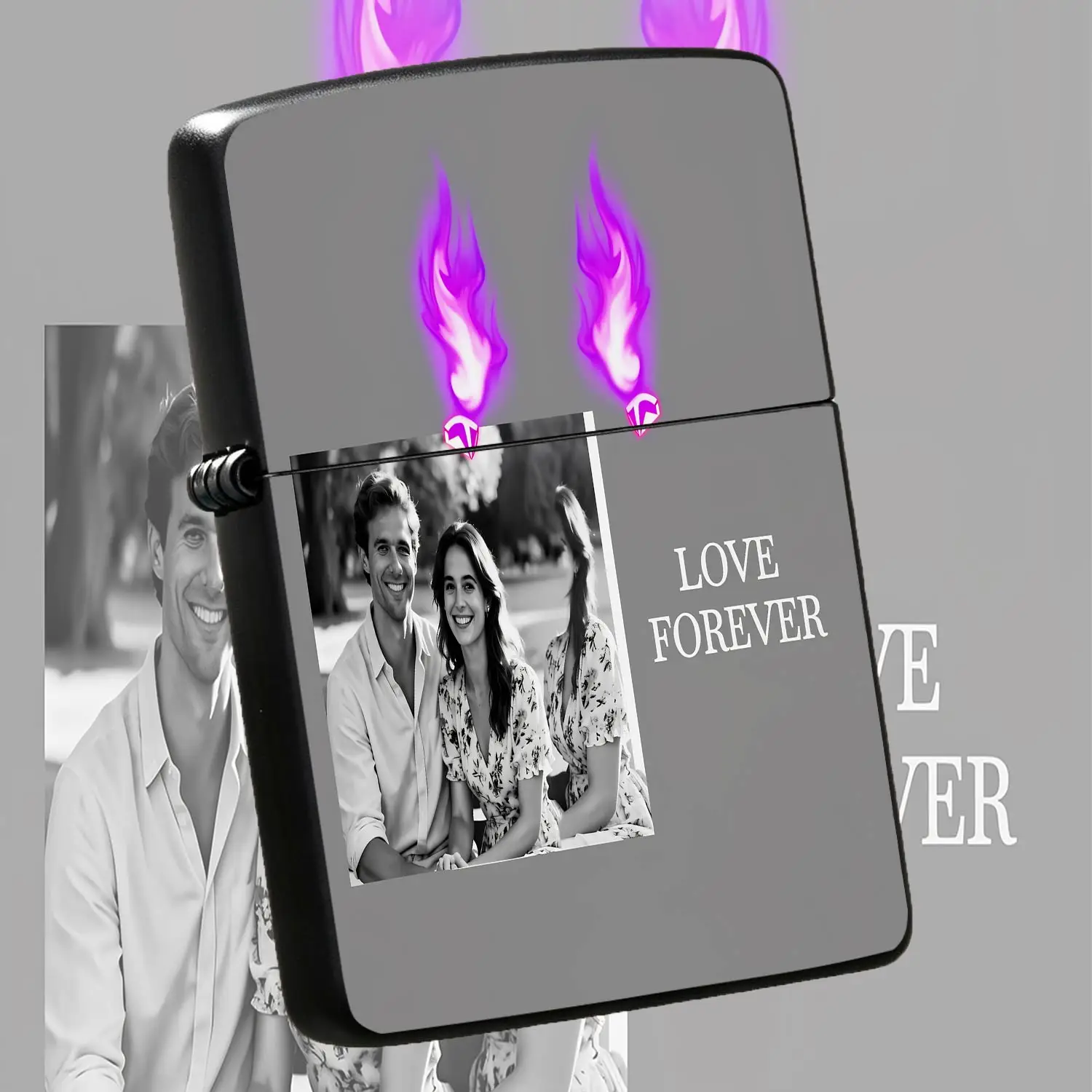Elegant Romantic Love Forever Themed Lighter With Purple Flame Decor, Exquisite Couple Commemorative Portable Ignition Device, Ideal Gift For Daily Use Outdoor Activities And All Kinds Of Scenes, Delicate Craftsmanship A Humorous And Intere