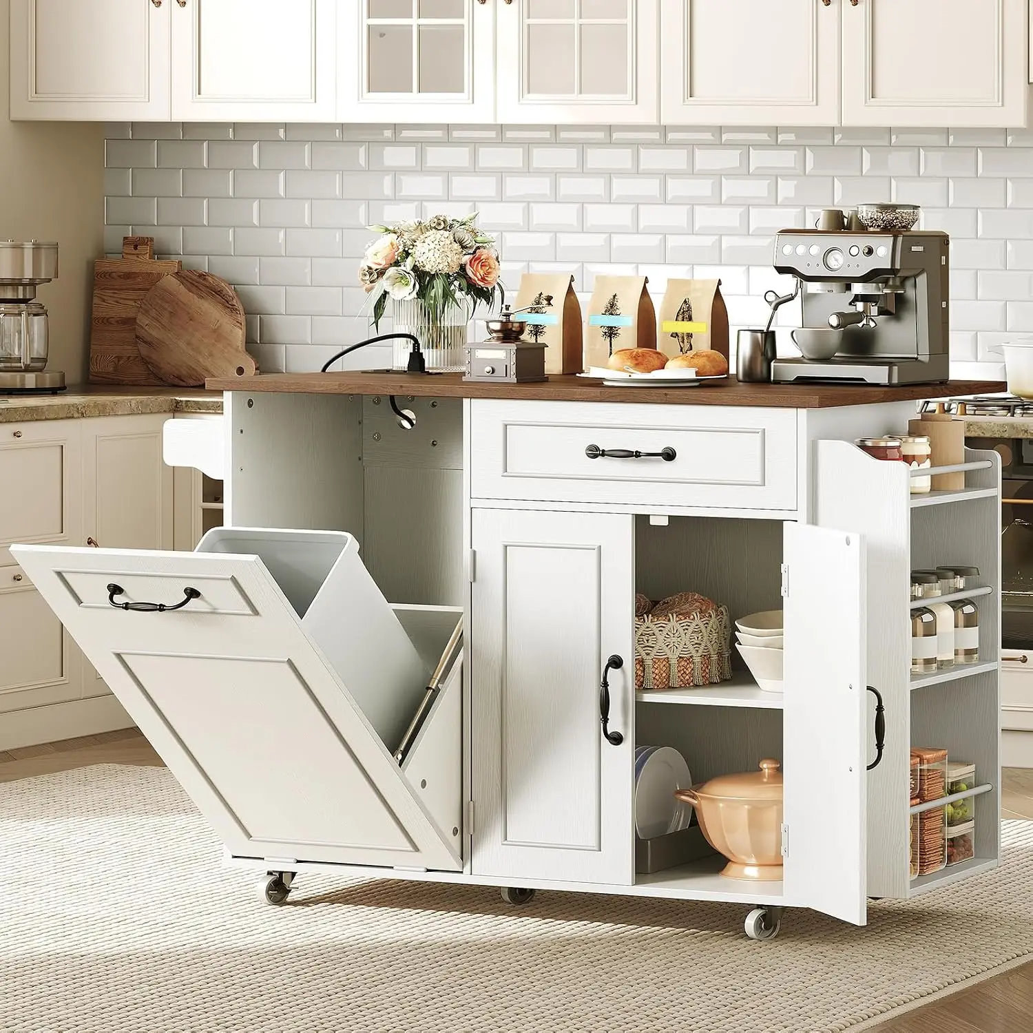 Kitchen Island with Power Outlet, Drop Leaf, Trash Storage, 3-Tier Spice Rack, Kitchen Dining Furniture, Customized