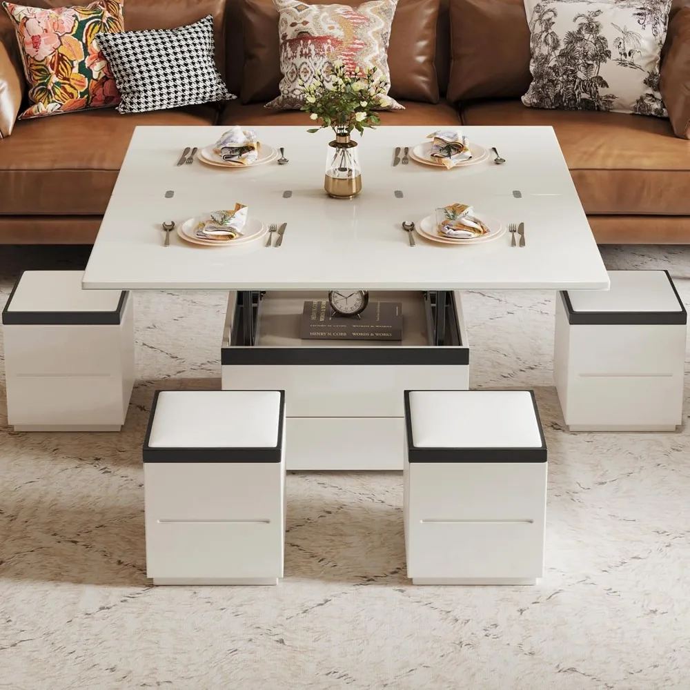 Extendable Coffee Table with 4 Storage Stools, Multifunctional Lift Top Coffee Table, Space Saving Folding Dining Table for Livi