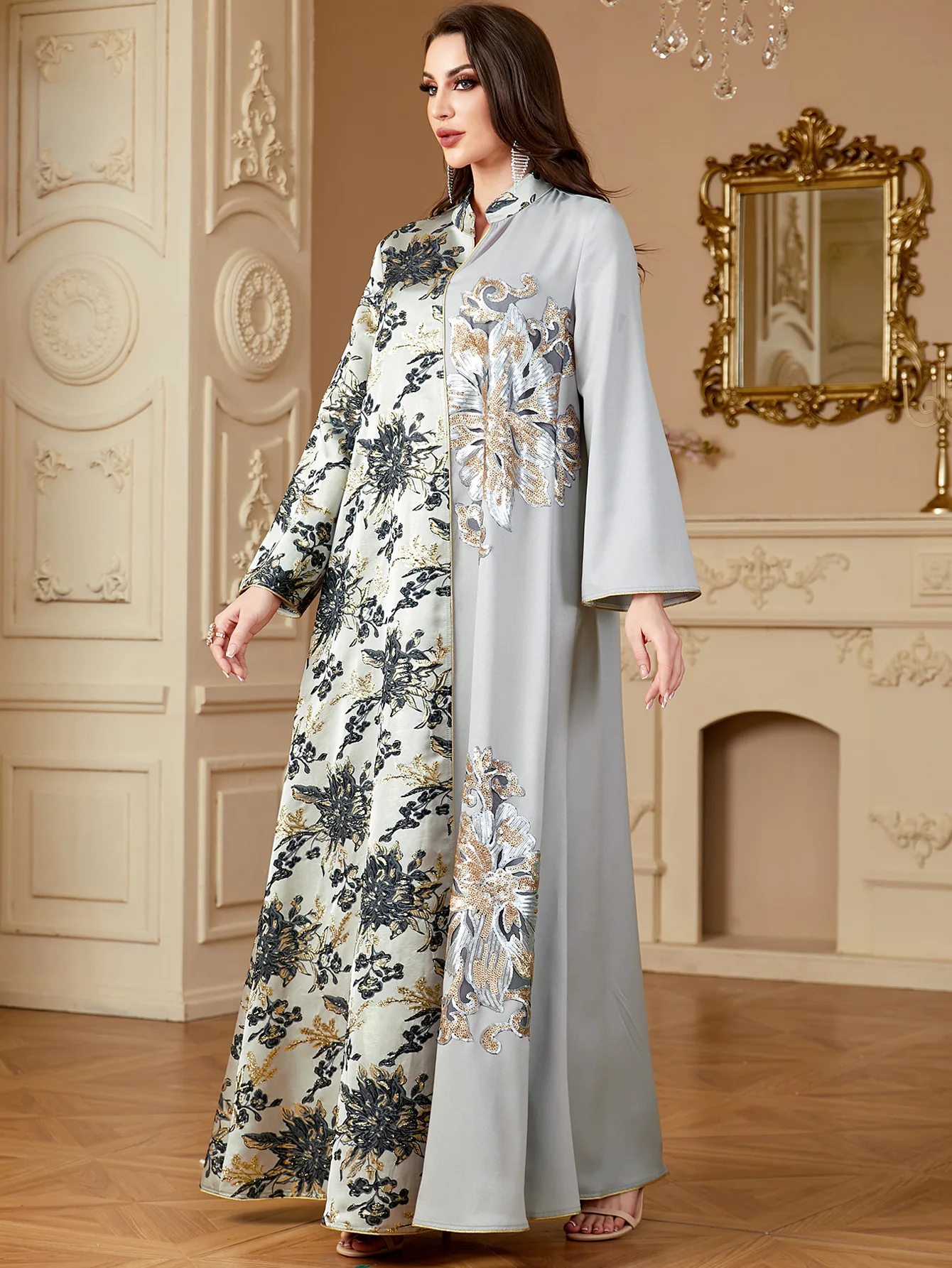 Women Muslim Floral Print Maxi Dress Jacquard Jalabiya Dubai Abaya Kaftan Eid Djellaba Islam Clothing Morocco Caftan Arabic Robe