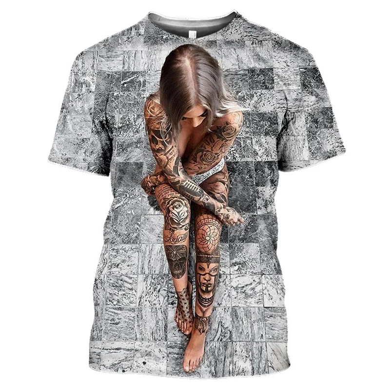 Sexy Tattoo Goddess Men's T-shirt Casual O Collar Super Street Loose Beach Hip Hop Trend Alternative Personality Short Sleeve