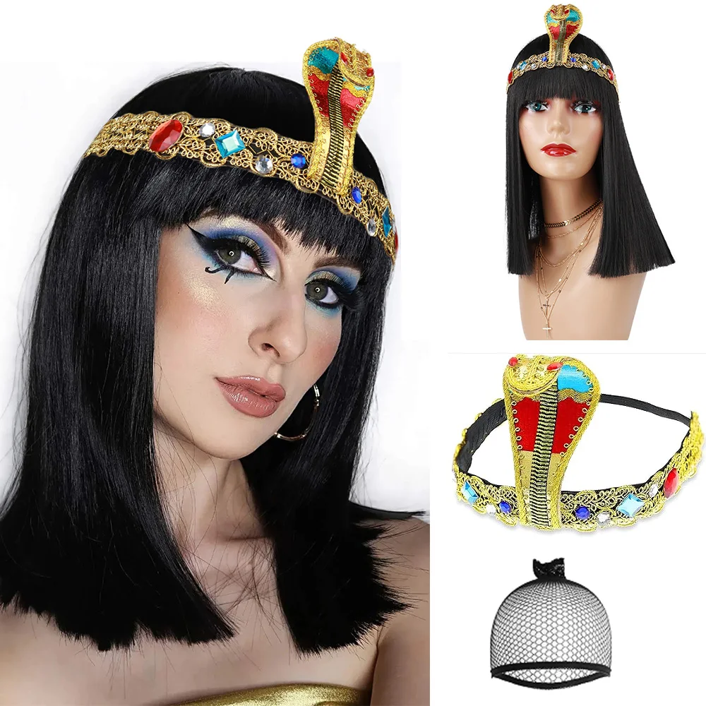باروكة كليوباترا صناعية سوداء طويلة مستقيمة مع عصابة رأس مصرية ذهبية على شكل ثعبان آلهة شعر مستعار بوب للنساء في الهالوين