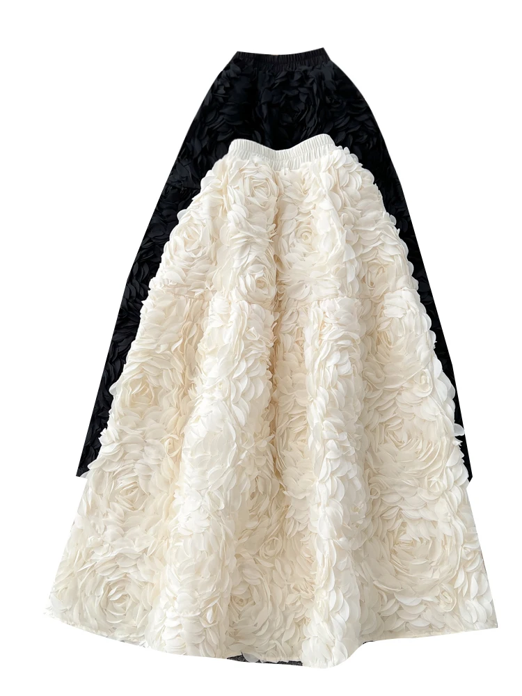 엘리 하이웨이스트 3D 플로럴 디자인 여성용 패셔너블 슬리밍 퍼프 스커트 한국 스타일 출퇴근용