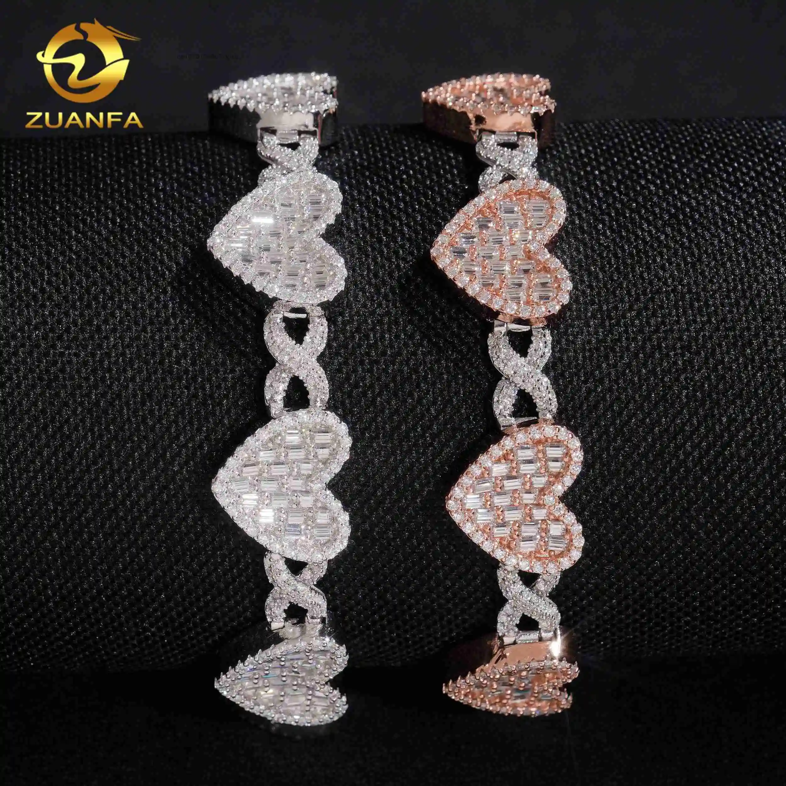Hop Hip Pass Diamond Test Baguette Moissanite 14mm Heart Iced Out Cuban Link Bracelet 925 Sterling Silver Linked Men Bracelet.